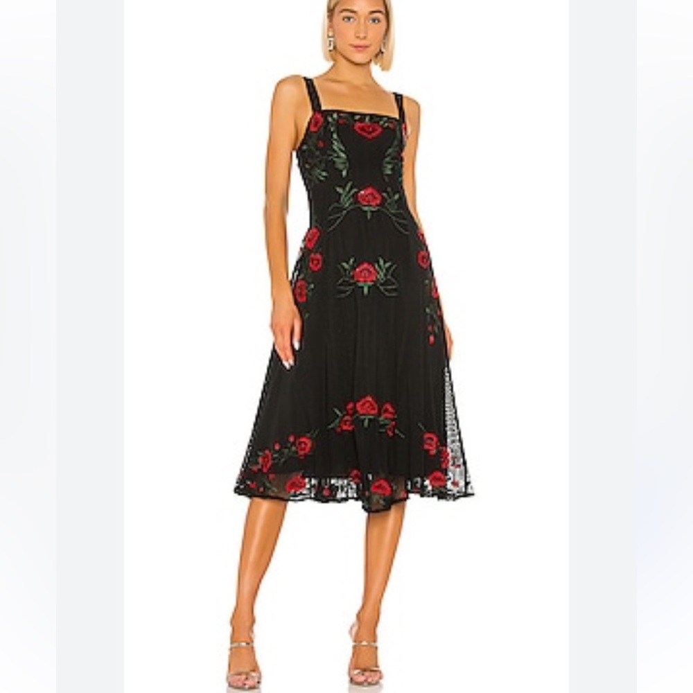 NBD Alejandro Midi Dress in Red & Black Cottagecore Size 8